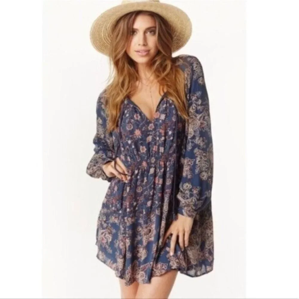 Free People Blue Floral Bohemian Mini Dress